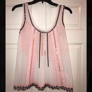 White tank with black, pink, and gold beading!